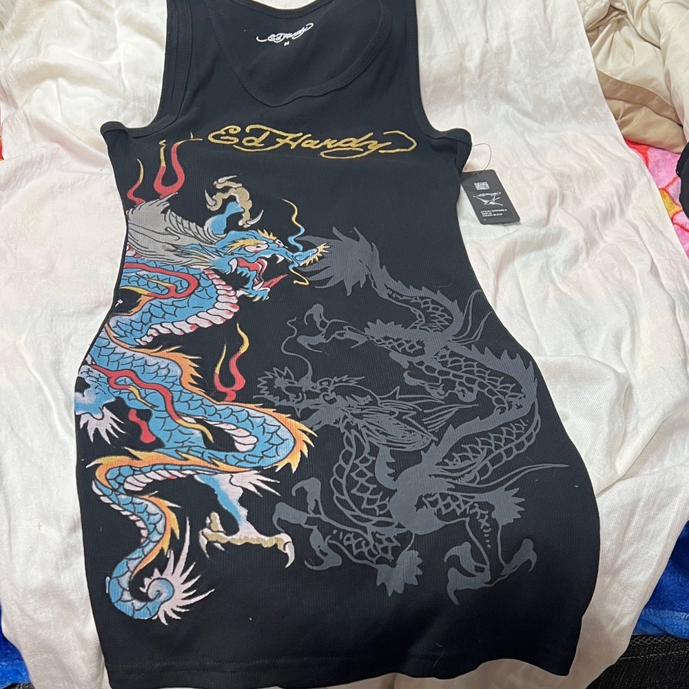Ed Hardy Black Mini Dress with Vibrant Dragon Design